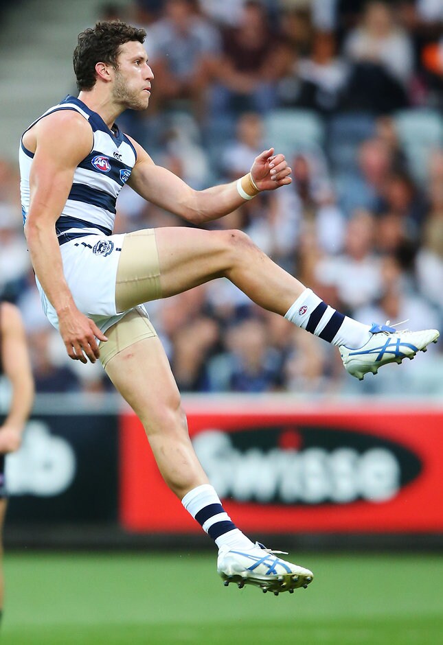 AFL 2016 NAB Challenge - Geelong v Collingwood GEELONG, AUSTRALIA - FEBRUARY 26: Sam Menegola of the Cats kicks the ball for a NAB supergoal during the 2016 NAB Challenge match between the Geelong Cats and the Collingwood Magpies at Simonds Stadium, Geelong on February 26, 2016. (Photo by Michael Dodge/AFL Media)
